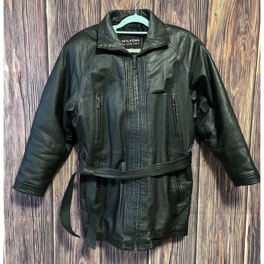 Wilsons Women's Leather Jacket Belted Solid Size 8 Black Vintage Wilsons Leather